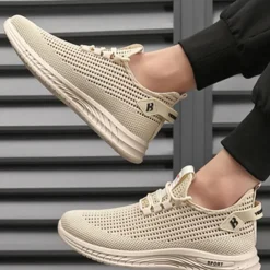 Beige Men's Woven Sneakers with Lace-Up Closure for Breathable and Comfortable Athletic Wear