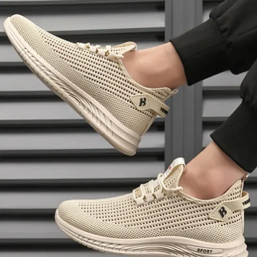 Beige Men's Woven Sneakers with Lace-Up Closure for Breathable and Comfortable Athletic Wear