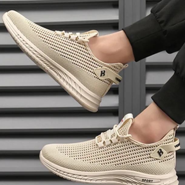 Beige Men's Woven Sneakers with Lace-Up Closure for Breathable and Comfortable Athletic Wear