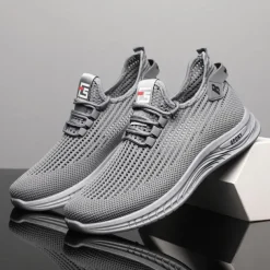 Beige Men's Woven Sneakers with Lace-Up Closure for Breathable and Comfortable Athletic Wear
