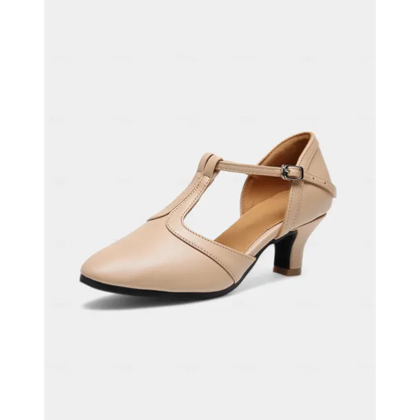 Beige T-Strap Dance Shoes - Elegant Latin & Ballroom Performance Heels for Women