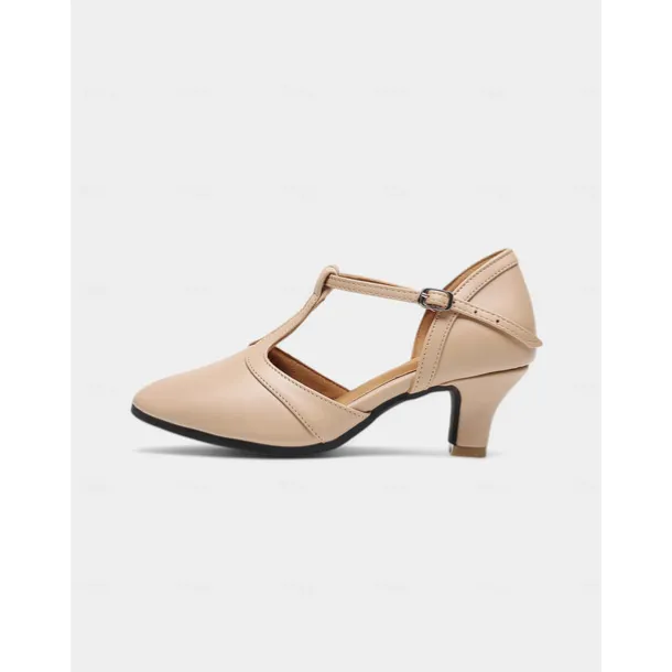 Beige T-Strap Dance Shoes - Elegant Latin & Ballroom Performance Heels for Women