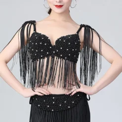 Belly Dance Bra Beading Tassel Pure Color Women's Performance Training Sleeveless High Polyester