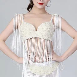 Belly Dance Bra Beading Tassel Pure Color Women's Performance Training Sleeveless High Polyester