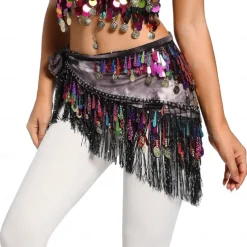 Belly Dance Hip Scarf with Tassels Sequins, Triangle Coins Wrap Skirt Music Festival Clothing