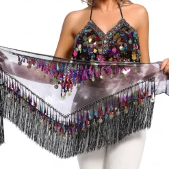 Belly Dance Hip Scarf with Tassels Sequins, Triangle Coins Wrap Skirt Music Festival Clothing