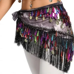 Belly Dance Hip Scarf with Tassels Sequins, Triangle Coins Wrap Skirt Music Festival Clothing