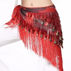 Belly Dance Hip Scarf with Tassels Sequins, Triangle Coins Wrap Skirt Music Festival Clothing