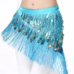 Belly Dance Hip Scarf with Tassels Sequins, Triangle Coins Wrap Skirt Music Festival Clothing