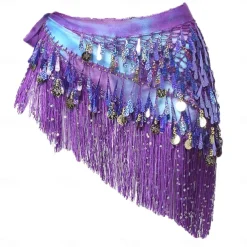 Belly Dance Hip Scarf with Tassels Sequins, Triangle Coins Wrap Skirt Music Festival Clothing