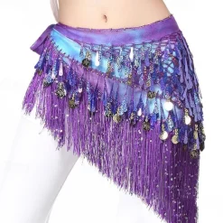 Belly Dance Hip Scarf with Tassels Sequins, Triangle Coins Wrap Skirt Music Festival Clothing
