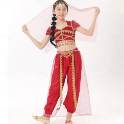 Belly Dance Kids' Dancewear Top Gold Coin Pure Color Splicing Girls' Performance Training Short Sleeve High Polyester