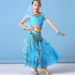 Belly Dance Kids' Dancewear Skirts Gold Coin Tassel Cascading Ruffles Girls' Training Performance Short Sleeve Natural Mesh Chiffon