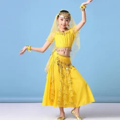 Belly Dance Kids' Dancewear Skirts Gold Coin Tassel Cascading Ruffles Girls' Training Performance Short Sleeve Natural Mesh Chiffon