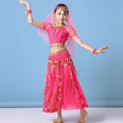 Belly Dance Kids' Dancewear Skirts Gold Coin Tassel Cascading Ruffles Girls' Training Performance Short Sleeve Natural Mesh Chiffon