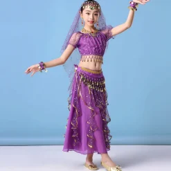 Belly Dance Kids' Dancewear Skirts Gold Coin Tassel Cascading Ruffles Girls' Training Performance Short Sleeve Natural Mesh Chiffon