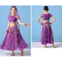 Belly Dance Kids' Dancewear Skirts Gold Coin Tassel Cascading Ruffles Girls' Training Performance Short Sleeve Natural Mesh Chiffon