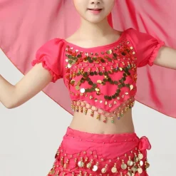 Belly Dance Kids' Dancewear Top Pure Color Splicing Paillette Girls' Performance Training Short Sleeve High Polyester