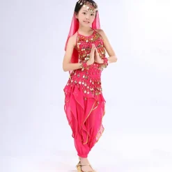 Belly Dance Kids' Dancewear Top Side Draping Ruching Splicing Girls' Performance Training Short Sleeve Natural Polyester Sequined