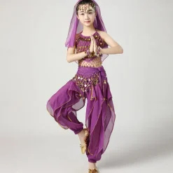 Belly Dance Kids' Dancewear Top Side Draping Ruching Splicing Girls' Performance Training Short Sleeve Natural Polyester Sequined