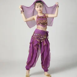 Belly Dance Kids' Dancewear Top Side Draping Ruching Splicing Girls' Performance Training Short Sleeve Natural Polyester Sequined