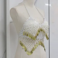 Belly Dance Vest Copper Coin Pure Color Splicing Women's Performance Training Sleeveless High Polyester