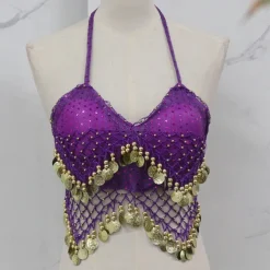 Belly Dance Vest Copper Coin Pure Color Splicing Women's Performance Training Sleeveless High Polyester