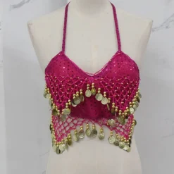 Belly Dance Vest Copper Coin Pure Color Splicing Women's Performance Training Sleeveless High Polyester