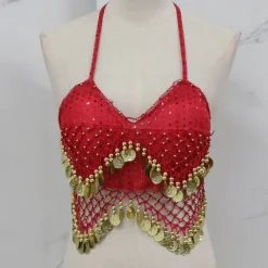 Belly Dance Vest Copper Coin Pure Color Splicing Women's Performance Training Sleeveless High Polyester