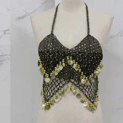 Belly Dance Vest Copper Coin Pure Color Splicing Women's Performance Training Sleeveless High Polyester