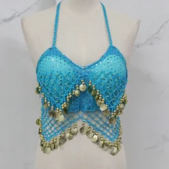 Belly Dance Vest Copper Coin Pure Color Splicing Women's Performance Training Sleeveless High Polyester