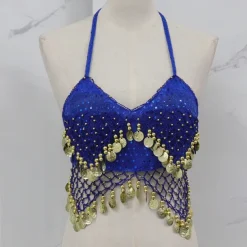 Belly Dance Vest Copper Coin Pure Color Splicing Women's Performance Training Sleeveless High Polyester