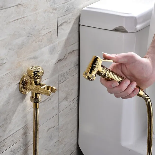 Bidet Faucet Handheld Bidet Sprayer, Antique Golden Luxury Diaper Water Shattaf Toilet Spray Set, Bathroom Baby Cloth Diaper Cleaning Sprayer Middle East