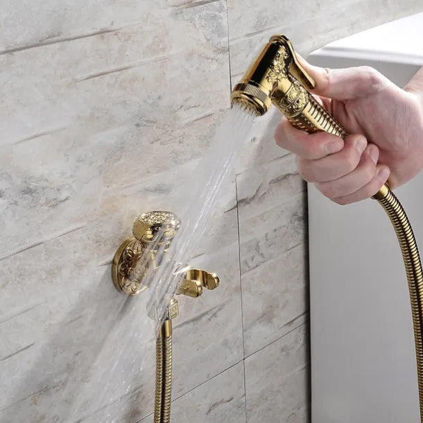 Bidet Faucet Handheld Bidet Sprayer, Antique Golden Luxury Diaper Water Shattaf Toilet Spray Set, Bathroom Baby Cloth Diaper Cleaning Sprayer Middle East