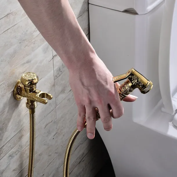 Bidet Faucet Handheld Bidet Sprayer, Antique Golden Luxury Diaper Water Shattaf Toilet Spray Set, Bathroom Baby Cloth Diaper Cleaning Sprayer Middle East