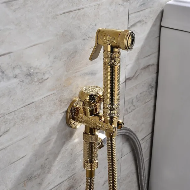 Bidet Faucet Handheld Bidet Sprayer, Antique Golden Luxury Diaper Water Shattaf Toilet Spray Set, Bathroom Baby Cloth Diaper Cleaning Sprayer Middle East