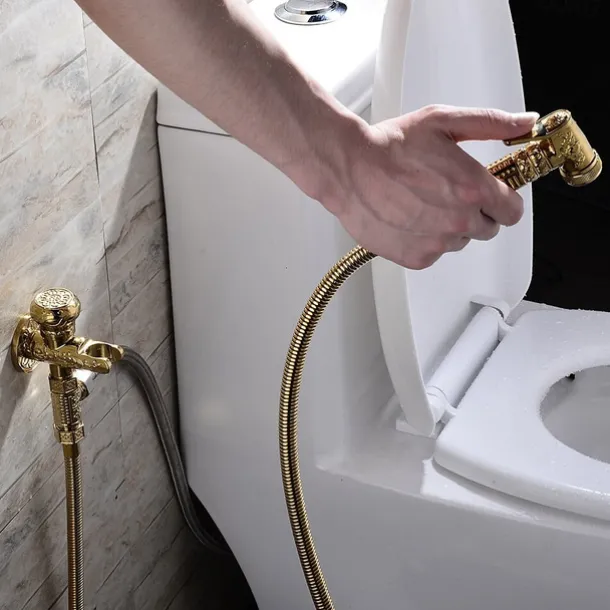 Bidet Faucet Handheld Bidet Sprayer, Antique Golden Luxury Diaper Water Shattaf Toilet Spray Set, Bathroom Baby Cloth Diaper Cleaning Sprayer Middle East
