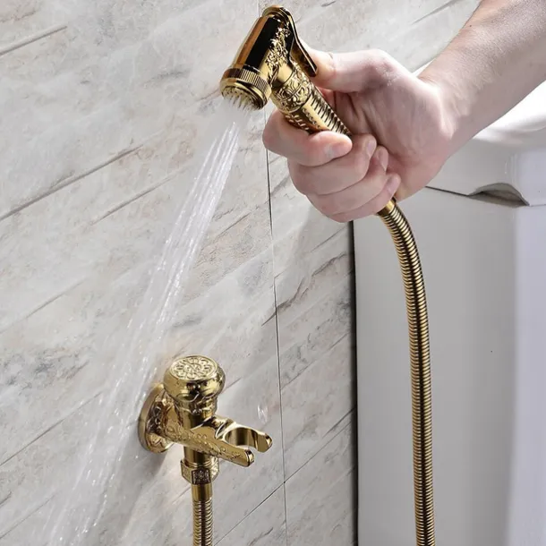 Bidet Faucet Handheld Bidet Sprayer, Antique Golden Luxury Diaper Water Shattaf Toilet Spray Set, Bathroom Baby Cloth Diaper Cleaning Sprayer Middle East