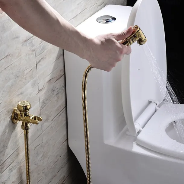 Bidet Faucet Handheld Bidet Sprayer, Antique Golden Luxury Diaper Water Shattaf Toilet Spray Set, Bathroom Baby Cloth Diaper Cleaning Sprayer Middle East