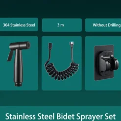 Bidet Sprayer Set No Drilling Bracket for Toilet Stainless Steel Head and Hose 1.5m/3m, Wall Mounted Handlheld Spray, Shattaf Diaper Cleaning for Personal Hygiene