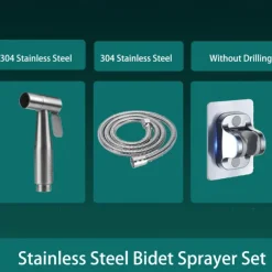 Bidet Sprayer Set No Drilling Bracket for Toilet Stainless Steel Head and Hose 1.5m/3m, Wall Mounted Handlheld Spray, Shattaf Diaper Cleaning for Personal Hygiene