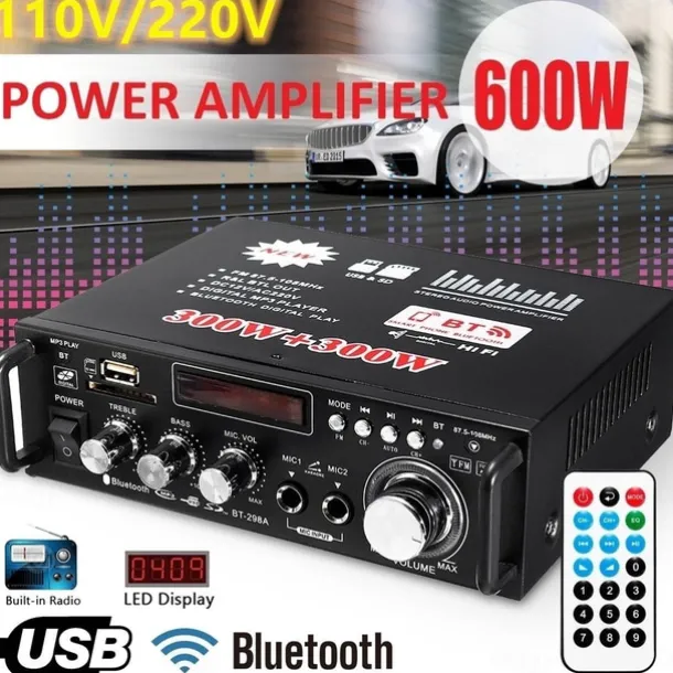 Big Promo!600W 12V/ 220V 2CH Remote Control HIFI Audio Stereo Power Amplifier Bluetooth FM Radio Car Home