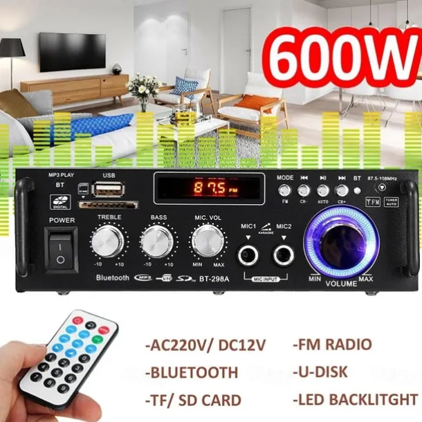 Big Promo!600W 12V/ 220V 2CH Remote Control HIFI Audio Stereo Power Amplifier Bluetooth FM Radio Car Home