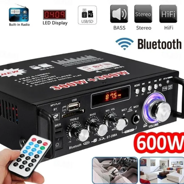 Big Promo!600W 12V/ 220V 2CH Remote Control HIFI Audio Stereo Power Amplifier Bluetooth FM Radio Car Home