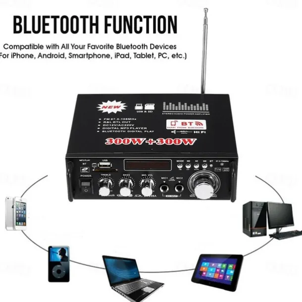 Big Promo!600W 12V/ 220V 2CH Remote Control HIFI Audio Stereo Power Amplifier Bluetooth FM Radio Car Home