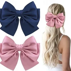 Big Satin Layered Hair Bows for Women Girls 7 Inch Pink Blue Barrette Hair Clip Large Ribbon Bows Style Hair Accessories