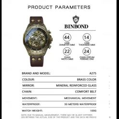 BINBOND A275 Men's Watches Retro Luxury Bronze Automatic Mechanical Watch Fashion Sports Mens Wristwatches