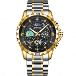 BINBOND Men Quartz Watch Fashion Business Wristwatch Moon phase Luminous Calendar Waterproof Steel Watch