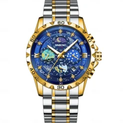 BINBOND Men Quartz Watch Fashion Business Wristwatch Moon phase Luminous Calendar Waterproof Steel Watch