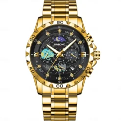 BINBOND Men Quartz Watch Fashion Business Wristwatch Moon phase Luminous Calendar Waterproof Steel Watch